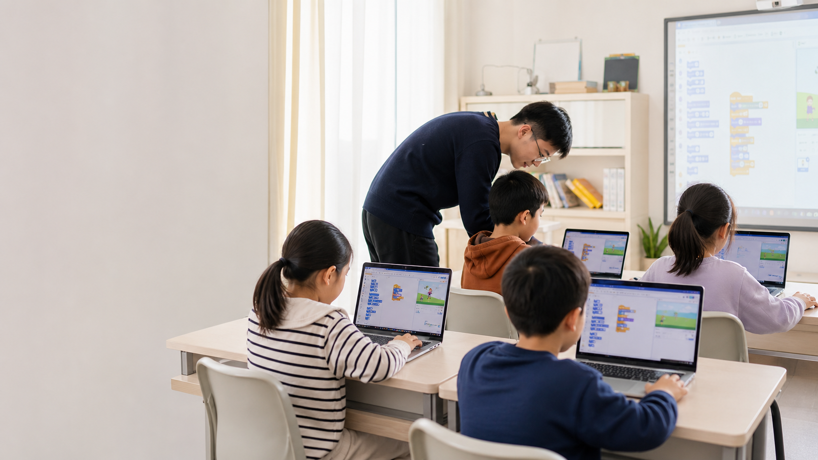 小学生在小班课堂中学习图形化编程